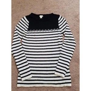 J Crew Women's Sweater XS Black Cream Striped Rhinestone Pullover Wool Blend